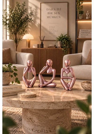 Ev & Ofis Dekoru Rose Gold 3 Lü İnsan Figürü Seti El Yapımı Minimalist Heykel Takımı