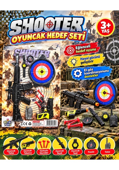 Oyuncak Komando Bordo Bere Asker Polis Seti Hedefli Dart Seti Yelekli Aksiyon Seti 10-16 Parça Siyah