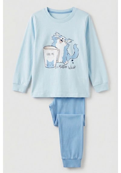 Kız Çocuk Pamuklu Desenli Pijama Takımı 8411 Buz Mavi Buz Mavi