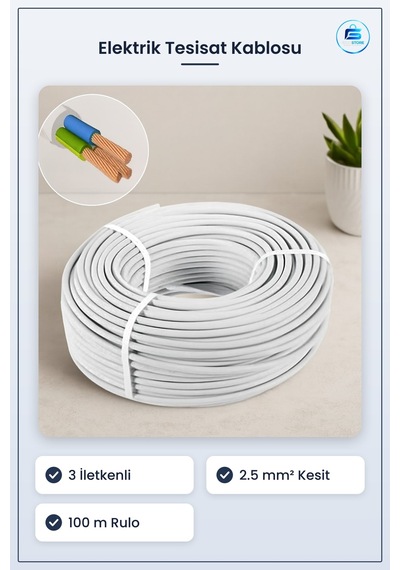 Elektrik Tesisat Kablosu Ttr 3x2.5 Mm Cca 100 M 3 İletkenli Ev Pr
