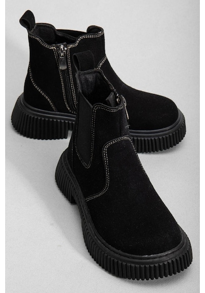 Tonny Black Kalın Tırtıklı Termo Taban Fermuarlı Lastikli Çocuk Unisex Siyah Süet Chelsea Bot Tbgrf005 Siyah Süet