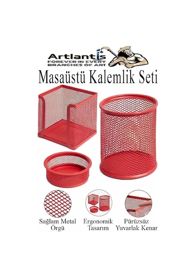 Kırmızı Metal Evrak Rafı 3 Lü Masaüstü Kalemlik 3 Lü Ve Fileli Çöp Kovası 1 Paket Masaüstü A4 Dosya Düzenleyici Not Kırmızı