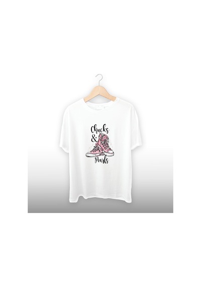 Pembe Ayakkabı Detaylı Unisex Tişört Beyaz