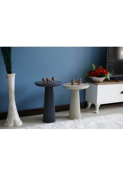 Wood Wooden 2'li Ahşap Set Fitilli Mantar Yan Sehpa Antrasit-krem Renk Beyaz