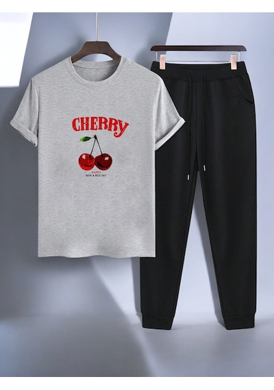 Uyguntarz Unisex Happy Cherry Tasarım Basklı Tshirt Eşofman Takımı Gri