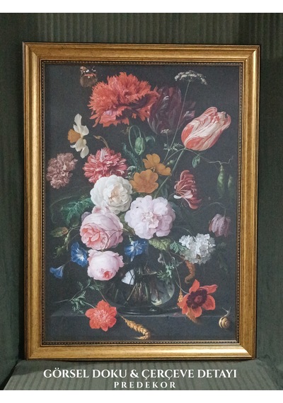 Vintage Gold Çerçeveli Barok Vazoda Çiçek Natürmort Kanvas Tablo Salon Duvar Dekoru 60x80 Cm