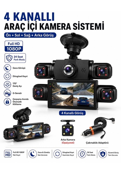 Cmr-161 4 Kannalı Araç İçi Kamera Sistemi Full Hd 1080p Gece Görüşlü 170 Derece Geniş Açı G-sensör 2.0inç Ekranlı