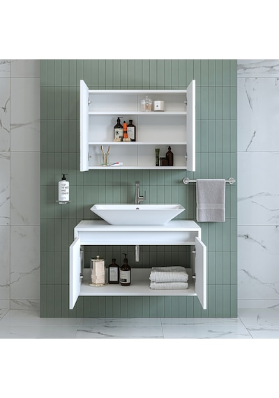 Banos Banyo Roomart Tm7.2 Mat Beyaz Mdf 85 Cm Banyo Dolabı + Ayna Mat Beyaz