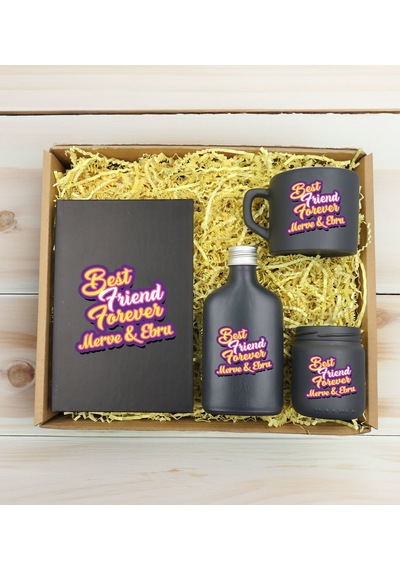 Bk Gift Kişiye Özel İsimli Dtf Best Friend Temalı Antrasit Defter & Kahve Fincanı & Kolonya & Mum Hediye Seti-3, Arkadaşa Hediye, Doğum Günü Hediyesi