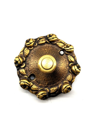 Antika Tarz Dekoratif Pirinç Güllü Kapı Zili - 75mm, Antik