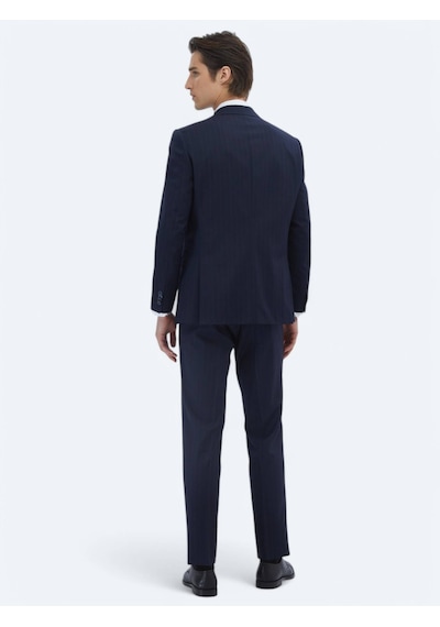 Kip Lacivert Çizgili Modern Fit Yün Karışımlı Takım Elbise Lacivert