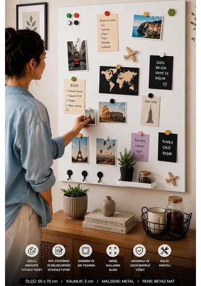 Mıknatıslı Pano - Magnet Panosu - Beyaz Ofis/çalışma Odası İçin Mıknatıs Hediyeli Metal Magnet Hatıra Panosu 70x50cm