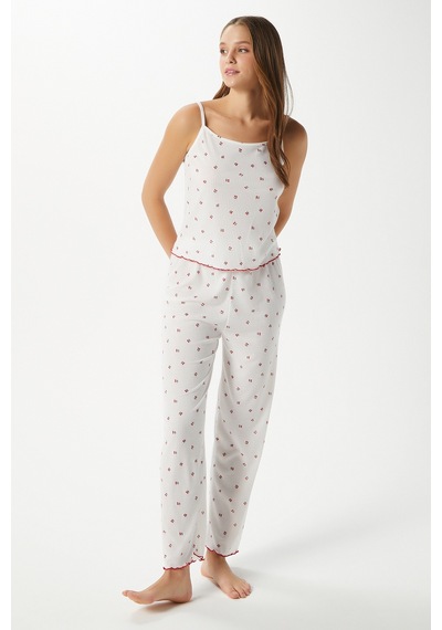 Ritnice Kadın June Askılı Kiraz Desenli Alt Üst Pijama Takımı Ekrukırmızı