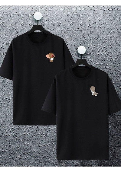 Unisex Kadın Erkek Bebek Tom Ve Jerry Baskılı Sevgili Çift Kombini Tasarım Oversize T-shirt 2'li Set Siyah Mck2100 Siyah