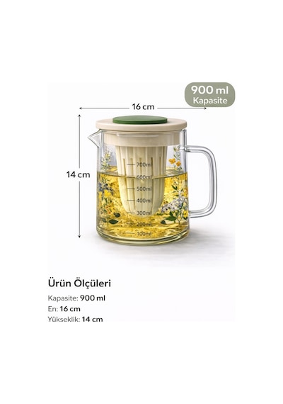 Isıya Dayanıklı Borosilikat Cam Bitki Çayı Ve Detox Demliği,süzgeçli,ölçekli,kulplu Sürahi,900 Ml Diğer