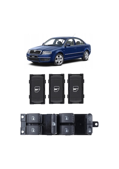 Skoda Superb Mk1 2002-2008 Cam Açma Düğme Takımı Siyah 1 Adet Dörtlü 3 Adet Tekli