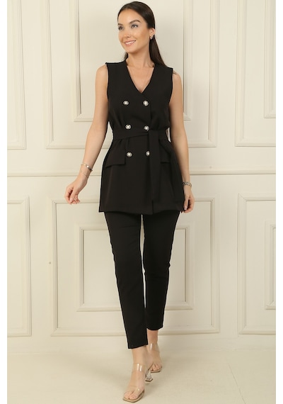 By Saygı 6 Düğmeli Sahte Cepli Kuşaklı Yelek Beli Lastikli Dar Paça Pantolon 2'li Takım Siyah By Saygı 6 Düğmeli Sahte Cepli Kuşaklı Yelek Beli Lastikli Dar Paça Pantolon 2'li Takım Siyah