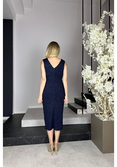 Ges Moda G0909 Drape Detaylı Simli Abiye Elbise Lacivert-lacivert