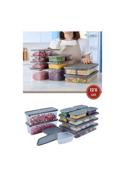 12 Li Buzdolabı Düzenleyici Set, Buzluk Derin Dondurucu Buzdolabı Saklama Kabı 12 Li Set 16 Litre Gri