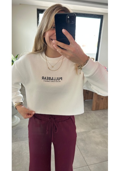 Elif Tarakçı Butik Beyaz Crop Sweatshirt Beyaz