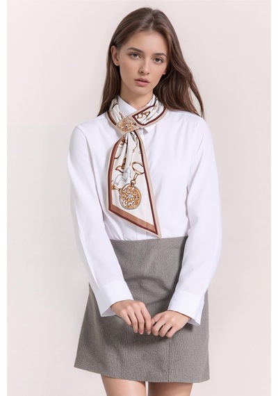 Walkenzo Zincir Desenli Modern Tasarım Kadın Kravat Fular Kahve