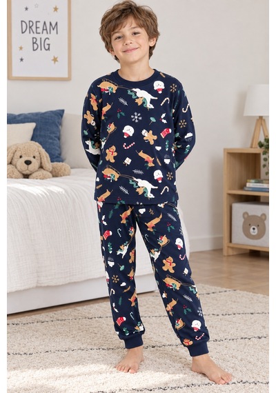 Beniizle Yılbaşı Desenli Uzun Kollu Unisex Alt Üst Pijama Takımı Lacivert