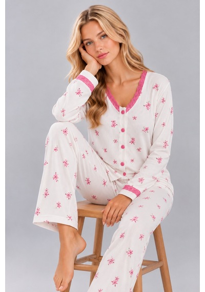 Pijamask Kadın Çiçek Ve Kelebek Desenli V Yaka Düğmeli Uzun Kollu Kaşkorse Pijama Takımı Beyaz Pijamask Kadın Çiçek Ve Kelebek Desenli V Yaka Düğmeli Uzun Kollu Kaşkorse Pijama Takımı Beyaz