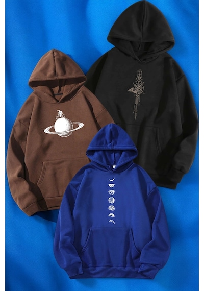 Uyguntarz 3'lu Paket Baskılı Oversize Unisex Sweatshirt siyah