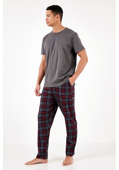 Buratti Ekoseli Pamuklu Regular Fit Kısa Kollu Erkek Pijama Takımı 6572006 Füme