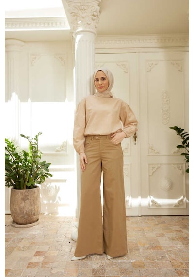 1067-denim Bol Paça Pantolon Bej Çok Renkli