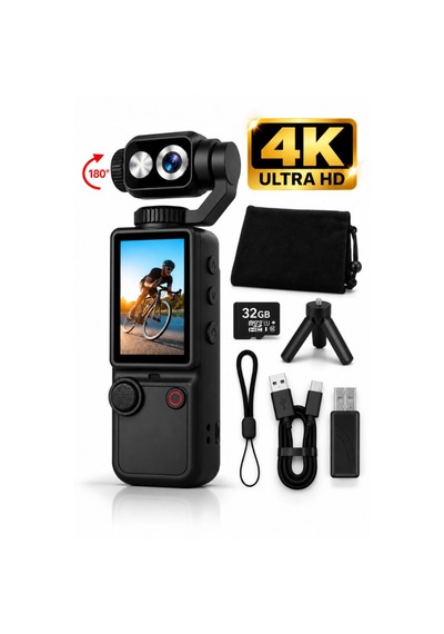4k Ultra Hd Dijital Kamera 180 Dönen Lens Taşınabilir Video Fotoğraf Kamera 32gb Hafıza Kartı Hediyeli