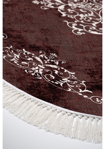 Alanur Trend Kaymaz Dod Tabanlı Saçaklı Dijital Halı Oval Bordo