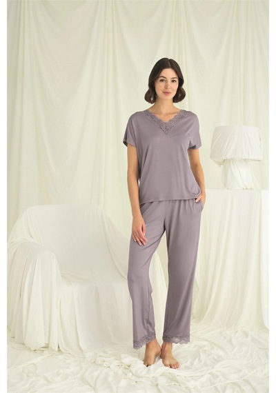 Mega Fair Kısa Kollu V Yakalı Dantelli Pijama Takımı Gri