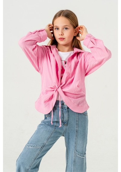 Giyicem Kız Çocuk Önden Bağcıklı Gömlek T-shirt İkili Takım 1801 Pembe