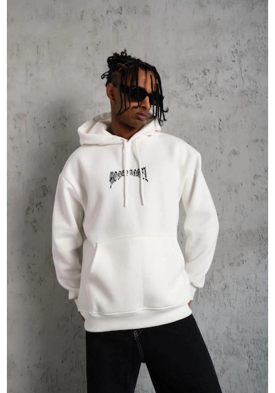Freedom Storee Erkek 3 İplik Pamuklu Baskılı Kapüşonlu Cepli Sweatshirt Hoodie - Beyaz Çok Renkli