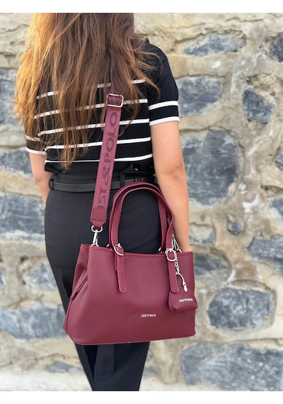 Just Polo Kadın Orijinal Just Polo Yumuşak Deri Ayarlanabilir Askılı Lüks El & Omuz Çantası Shoulder Bag Bordo