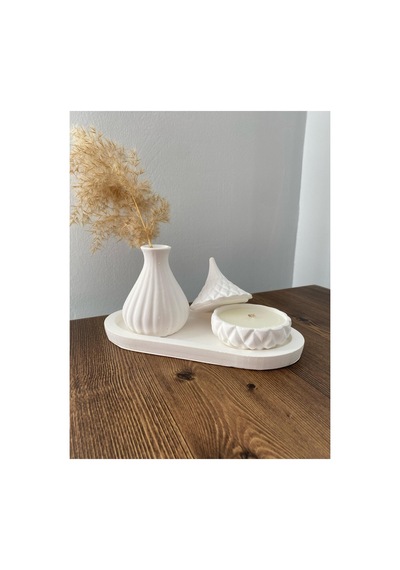 Vazo Minimalist Tasarım Düz Standlı Beyaz Vazo Ve Kapaklı Mum Seti El Yapımı Beyaz