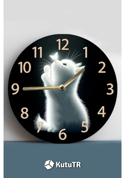 Sevimli Işıltılı Kedi Temalı Mdf Duvar Saati 33 Cm Sdw317 Renkli