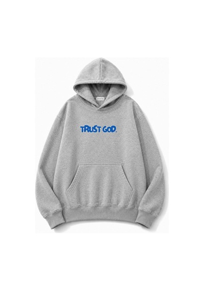 Herkesemoda Trust God Baskılı Kanguru Cepli Oversize Sweatshirt Gri