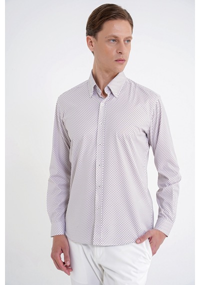 Slim Fit Yaka Düğmeli Baskılı Pamuklu Beyaz Gömlek G 1605