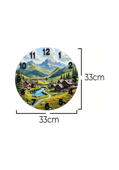 Alpine Dream Dağ Evleri Temalı Manzara Mdf Duvar Saati Sessiz Mekanizma Sdw222 Renkli