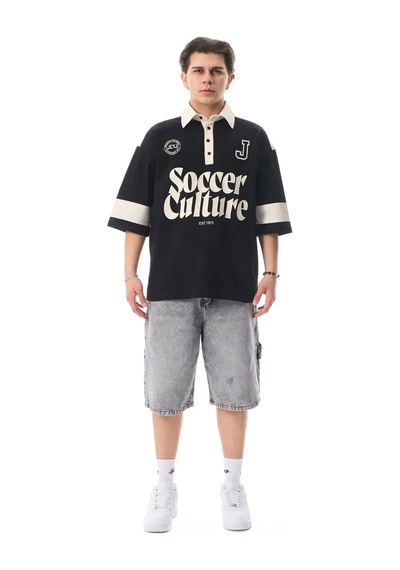 More Black Soccer Culture Baskılı Polo Yaka Premium Oversize Tshirt Kemik