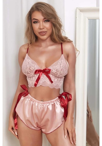 Merry See Dantelli Saten Şortlu Takım Pembe
