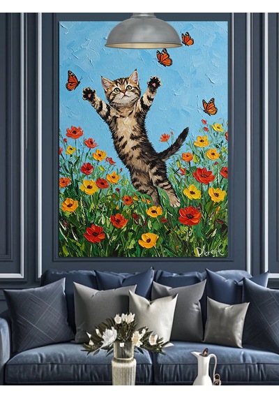 Çiçeklerin Üstünde Zıplayan Sevimli Kedi Dekoratif Kanvas - Mdf Ahşap Tablo