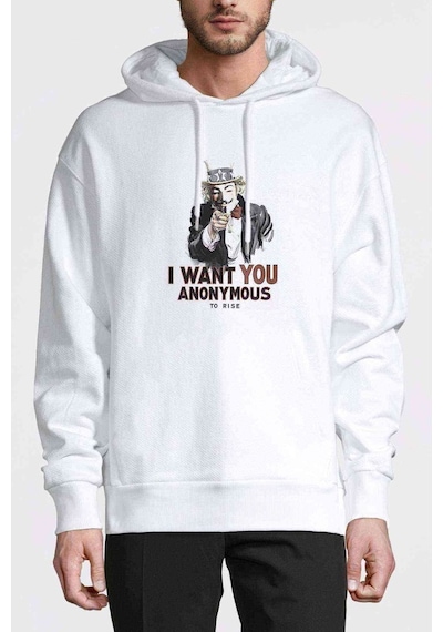 V For Vendetta I Want You Baskılı Beyaz Erkek Örme Kapşonlu Sweat