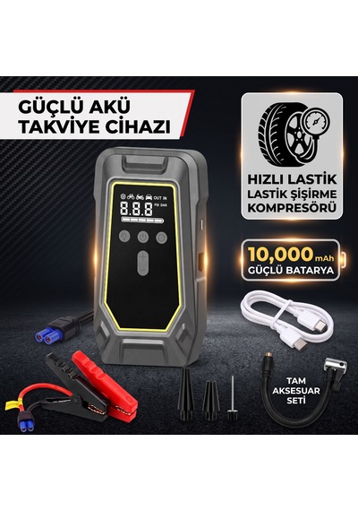 10.000 Mah Taşınabilir Akü Takviye Jump Starter Ve Lastik Şişirme Pompası Kompresör - 12v 7.0l Benzin / 5.5l Dizel Uyumlu
