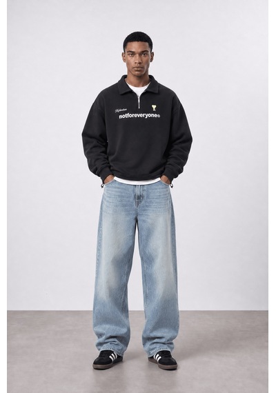 Respire Erkek Not For Everyone Nakışlı Polo Yaka Oversize Sweatshirt Siyah