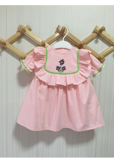 Toz Pembe Nakış Ve Su Taşı Detaylı Kız Çocuk Bebek Cici Elbise Çok Renkli