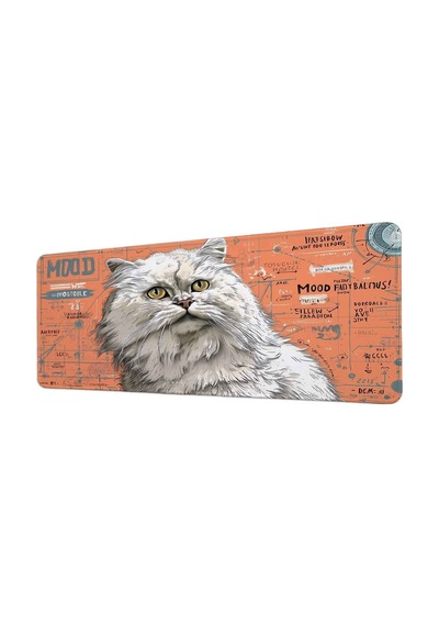 Beyaz İran Kedisi Turuncu Blueprint 40x90 Cm Oyuncu Mousepad Kaymaz Taban Büyük Boy Siyah