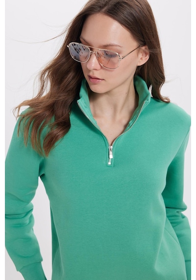 Tudors Kadın Relax Fit Rahat Kesim Pamuklu İçi Polarlı Yarım Fermuarlı Yeşil Dik Yaka Sweatshirt-41657